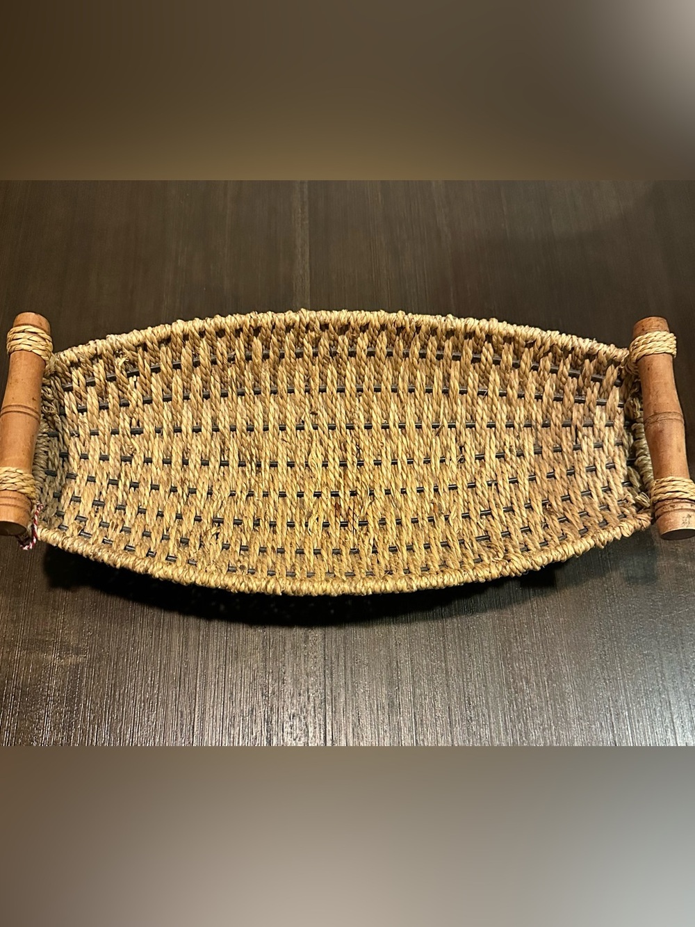 Vintage BURLINGTON BASKET CO Woven Gondola Boat Tray Wood Handles